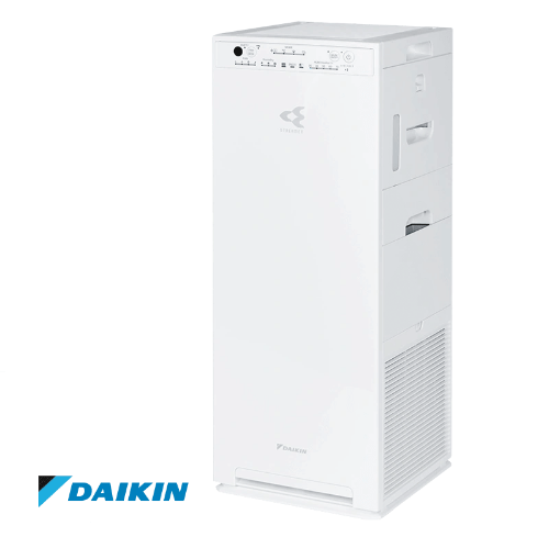 	Въздухопречиствател с овлажняване Daikin Ururu MCK555AW от Клима Комфорт ЕООД – изглед отпред и отстрани с лого на Daikin